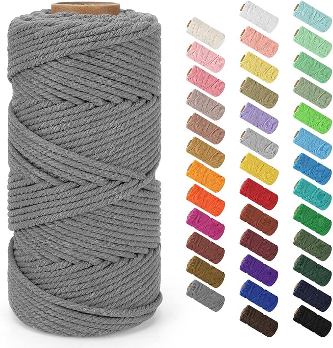 Macrame Cord 4mm x 109Yards (328Feet), Natural Cotton Macrame Rope - 4 Strands Twisted Macrame Cotton Cord for Wall Hanging, Plant Hangers, Crafts, Gift Wrapping and Wedding Decorations, Dark Gray