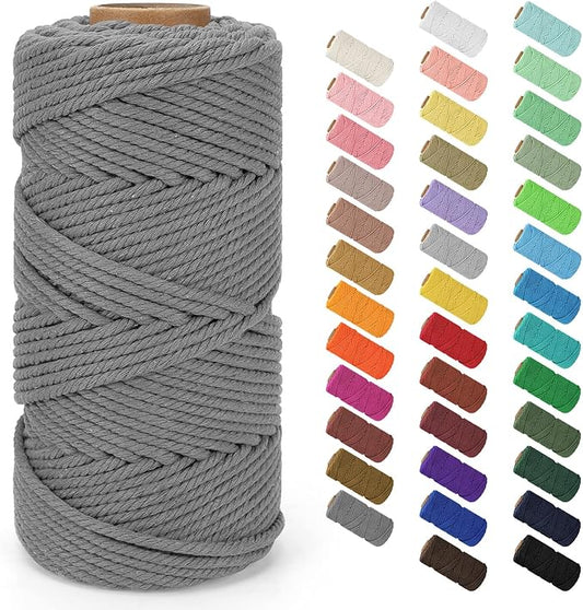 Macrame Cord 4mm x 109Yards (328Feet), Natural Cotton Macrame Rope - 4 Strands Twisted Macrame Cotton Cord for Wall Hanging, Plant Hangers, Crafts, Gift Wrapping and Wedding Decorations, Dark Gray