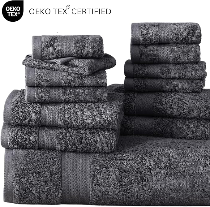 LANE LINEN Cotton Bathroom Towels Set - 24 Pcs - Ringspun, Quick Dry, Very Soft & Absorbent - 2 Bath Sheets, 4 Bath Towel, 6 Hand Towel, 8 Washcloths, 4 Fingertip - Pre Shrunk - Cool Grey