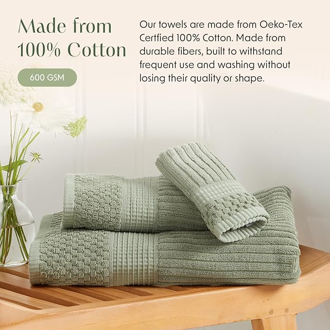 Springtree Home 100% Cotton Bath Towel Set of 4 | Super Soft & Absorbent with Quick-Dry Fibers | 4 Bath Towels | Textured and Durable Cotton | Krista Collection (Lily Pad Green)