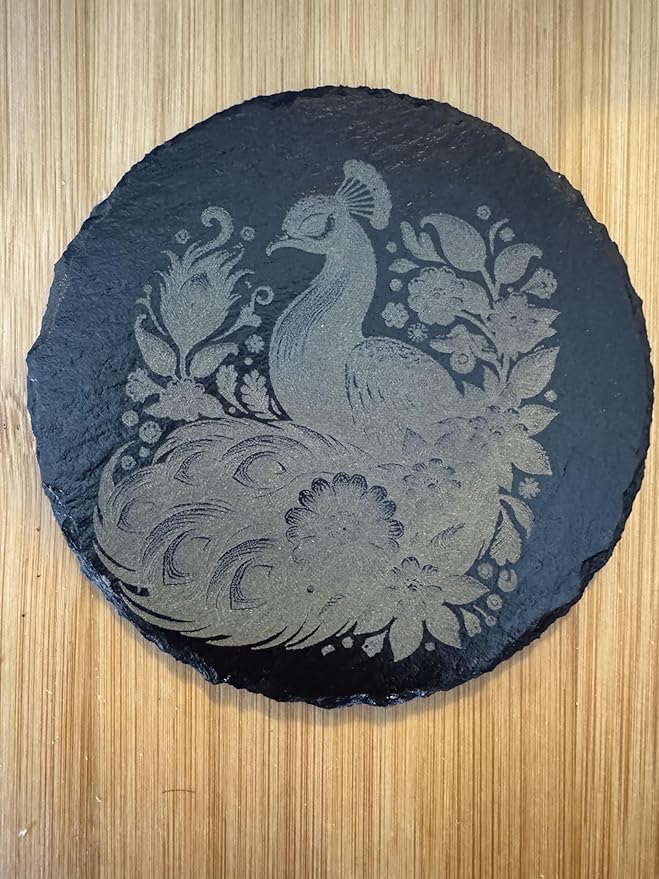 Handcrafted Natural Slate Coasters with Peacock Design, Black Round Stone Drink Coasters, Elegant Floral Pattern, Set of 4