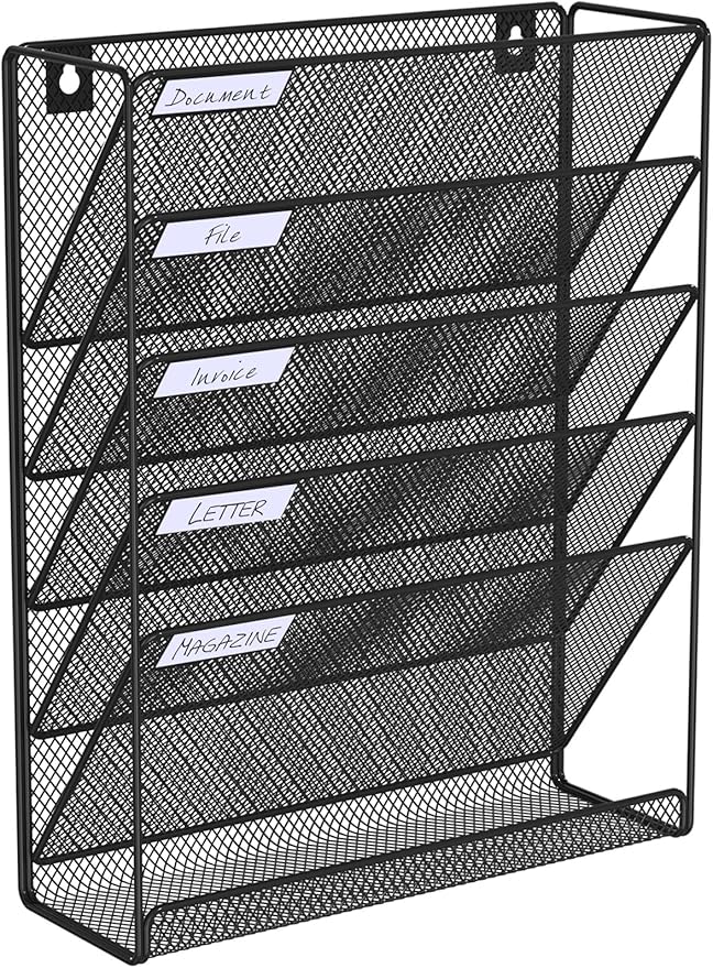 Hanging Folder Organizer Mesh 6 Tier, Wall File Organizer Hanging Paper Organizer, Wall Mount Mail Storage, Office Organization and Storage Rack for Home Office, Black