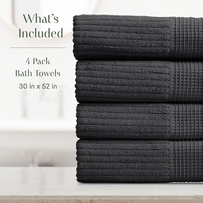 Springtree Home 100% Cotton Bath Towel Set of 4 | Super Soft & Absorbent with Quick-Dry Fibers | 4 Bath Towels | Textured and Durable Cotton | Krista Collection - Black Ink
