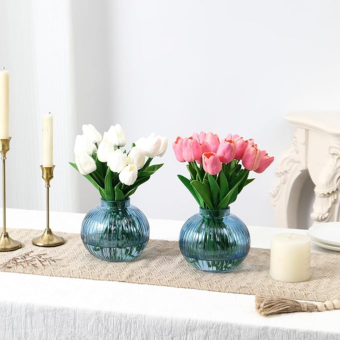 Round Glass Vases, Set of 2 Small Vases for Flowers, Blue Glass Vase for Tulips, Modern Vase for Living Room, Office, Coffee Table, Shelf, Wedding, 5 Inches