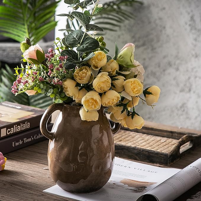 Kimdio Brown Ceramic Vase with 2 Handles, Modern Farmhouse Vase for Home Decor, Vintage Rustic Pottery Vase, Decorative Terracotta Vase, Clay Jug for Living Room Dining Table Shelf