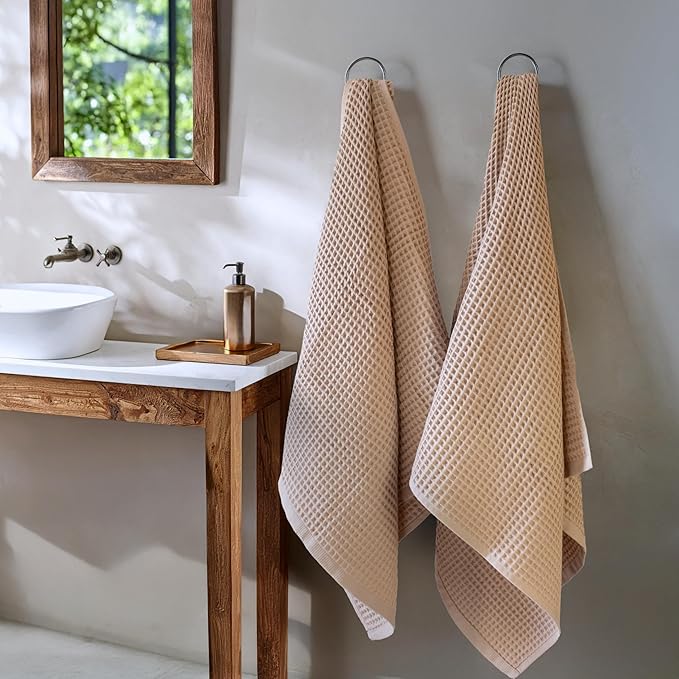 PÜSKÜL Premium Waffle Bath Towels Set of 2 - Organic 100% Turkish Cotton Bath Towel - Quick Dry, Absorbent, Light, Thin, 32x63 Large Waffle Towels for Bathroom (Beige Bath Towels - Pack of 2)