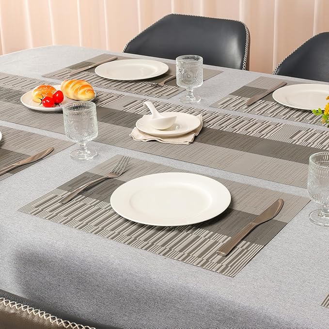 Placemats Set of 6, Vinyl Woven Place Mats Indoor Set of 6 Washable Wipeable PVC Table Mats Heat-Resistant Non Slip Placemat for Kitchen Dining Outdoor Table (Gray Dark Gray, Set of 6)