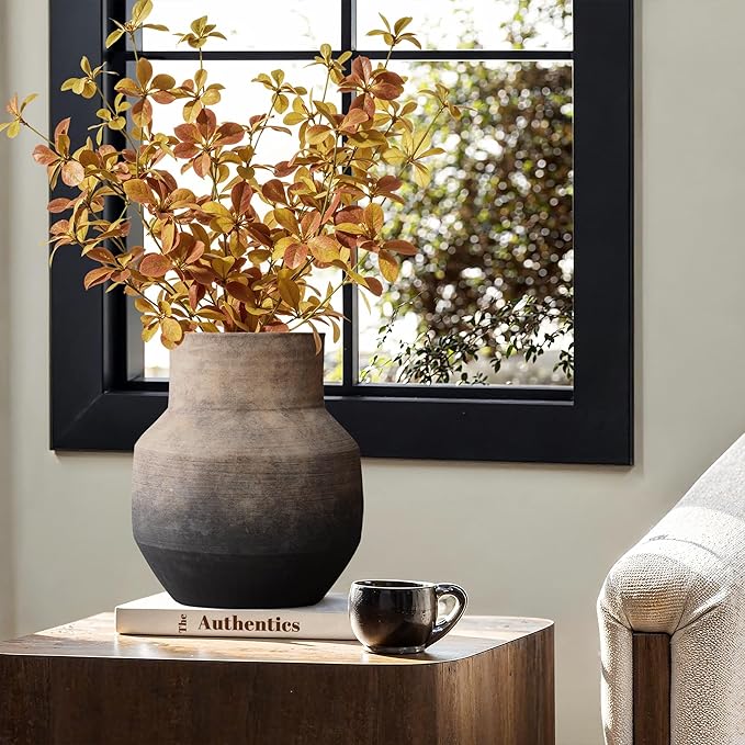 LuxenHome Rustic Ceramic Flower Vase,Farmhouse Vintage Pottery for Shelf Decor Room Decor,Brown Ombre Terracotta Vase,11'' Round Decorative Vases Home Decor Living Room