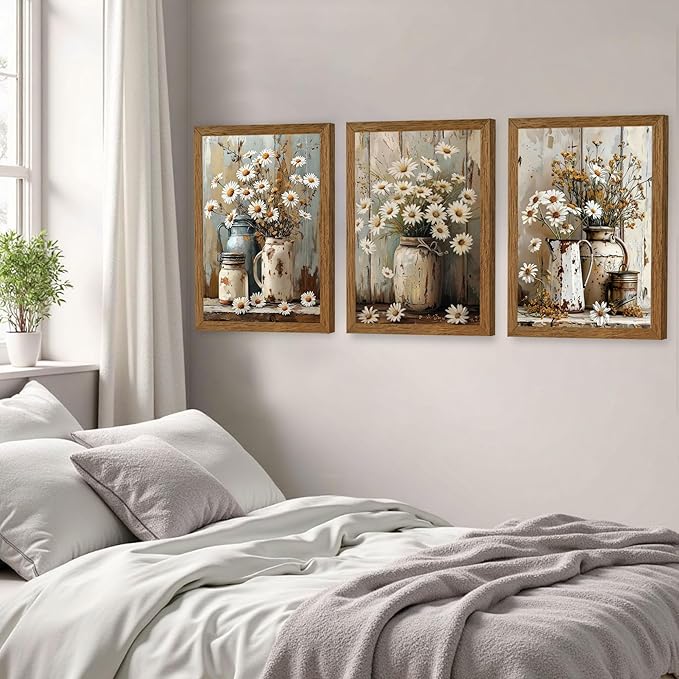 InspiredHues 3 Piece Elegant Farmhouse Canvas Wall Art, Vintage Floral Pictures Wall Decor, Nature Themed Daisy Artwork Prints for Living Room Bedroom Kitchen Home Decoration 16x24 Inch Wood Framed