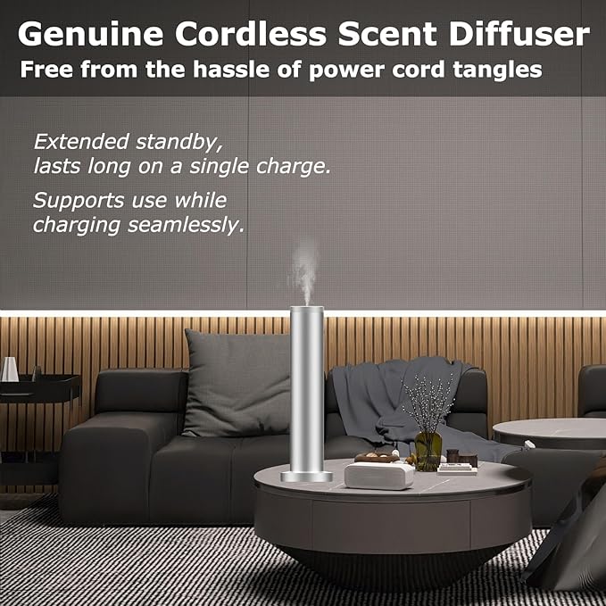 2025 Upgraded Cordless Rechargeable Diffuser - Hotel Scent Diffuser for Whole House- Scent Air Machine -App Bluetooth Control - Waterless Essential Oil Diffuser for Large Room, Studio Office -Silver