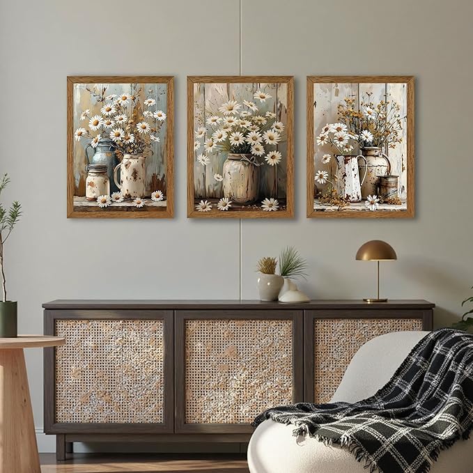 InspiredHues 3 Piece Elegant Farmhouse Canvas Wall Art, Vintage Floral Pictures Wall Decor, Nature Themed Daisy Artwork Prints for Living Room Bedroom Kitchen Home Decoration 12x16 Inch Wood Framed