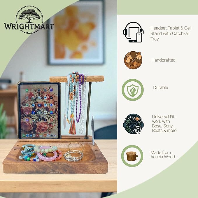 Solid Acacia Wood Multiple Headphone Stand – Multi-Device Holder for iPad, iPhone, Tablets & Phones, Desk Organizer with Tray, Pen & Pencil Holder, 1.5" Thick Base, Wooden Tech Dock