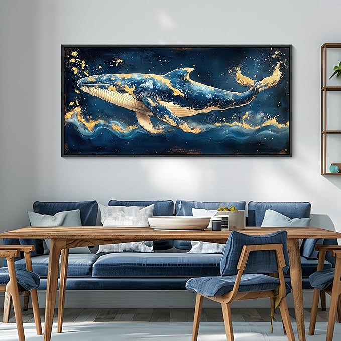 JEAWA Large Framed Canvas Wall Art - 24x48 IN Marine Animal Painting Wall Decor, Blue White Gold Whale Picture, Modern Art Prints for Living Room Bedroom Bathroom Home Decoration