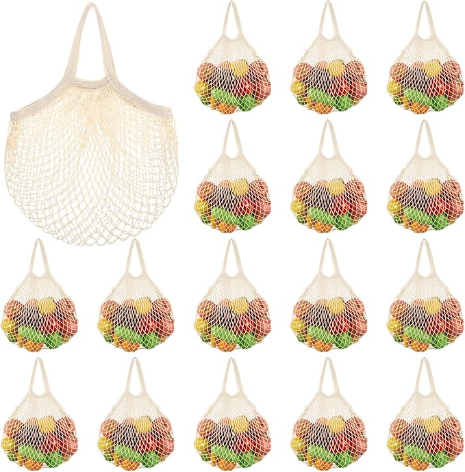 SATINIOR Large Cotton Mesh Grocery Bags 16x16x12 Inch Reusable Washable Cotton String Shopping Bags Beige Produce Containers