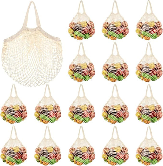 SATINIOR Large Cotton Mesh Grocery Bags 16x16x12 Inch Reusable Washable Cotton String Shopping Bags Beige Produce Containers