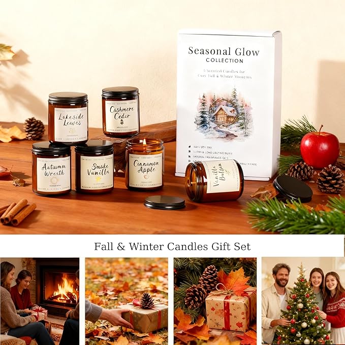 Holiday Candle Gift Set for Women – 6 Pack 7oz Winter Scented Soy Candles, Long Lasting Aromatherapy Christmas Gifts for Her, Perfect for Home Décor, Vanilla, Cinnamon & Cedar Scents