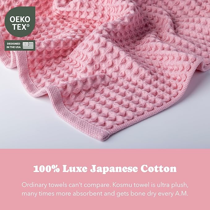 Luxury Japanese Cotton Waffle Bath Towel | Plush, Absorbent, and Quick Dry (Sakura Pink, Hand Towel, 32" x 16")
