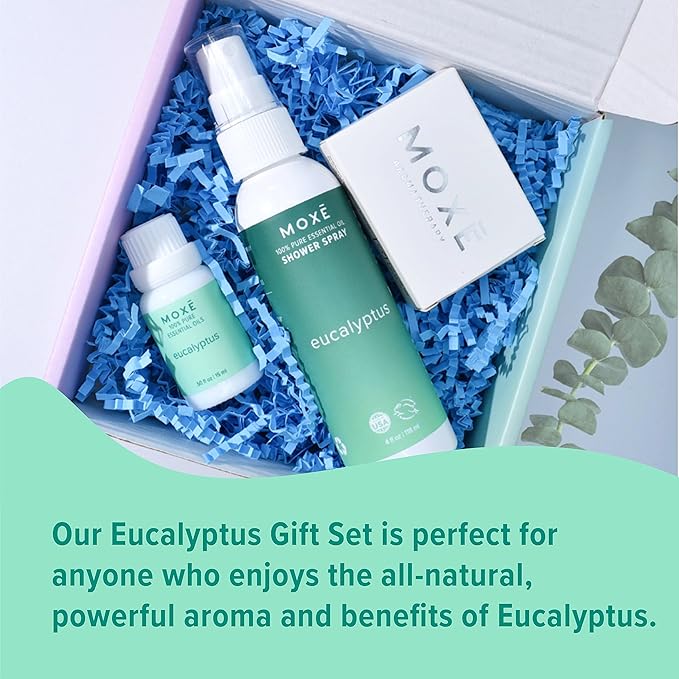 MOXĒ Eucalyptus Aromatherapy Gift Set, Essential Oil, Shower Steamer Spray, Portable Nasal Inhalers, Diffuser Essential Oil, Sinus & Congestion Relief, Therapeutic Grade, Made in USA
