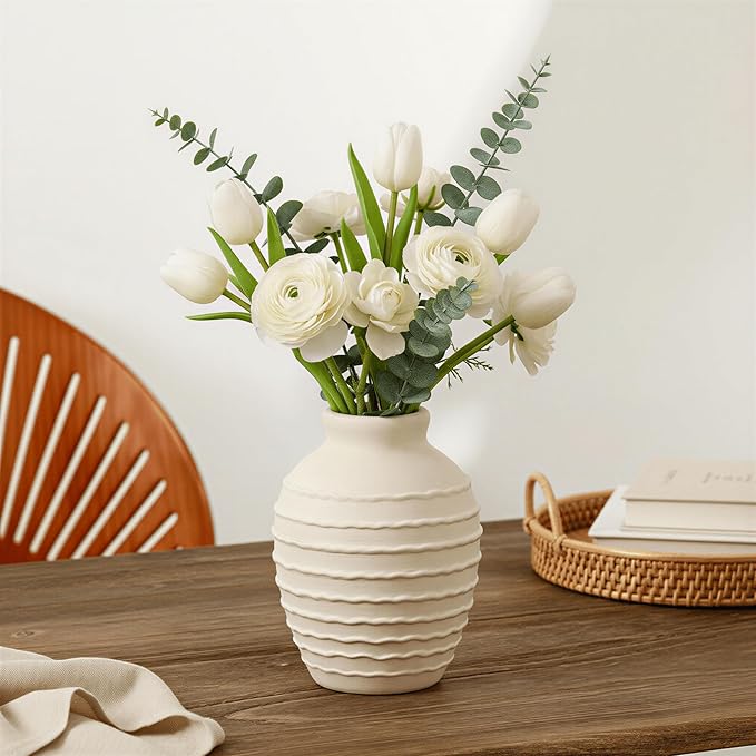 6.6-Inch Off-White Ceramic Flower Vase, Rustic Farmhouse Boho Pottery Centerpiece for Table, Living Room & Shelf
