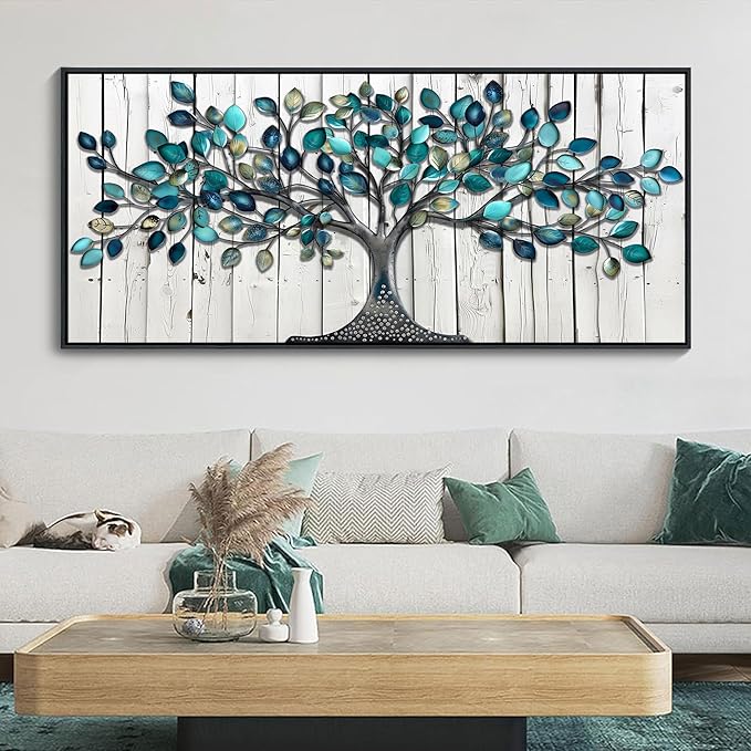 CHATYOUNG Large Trees Wall Art - Teal Leaves Gray Wood Texture Background Paintings Abstract Tree of Life Pictures Artwork for Living Room Bedroom Office Kitchen Home Decor 71"x32"