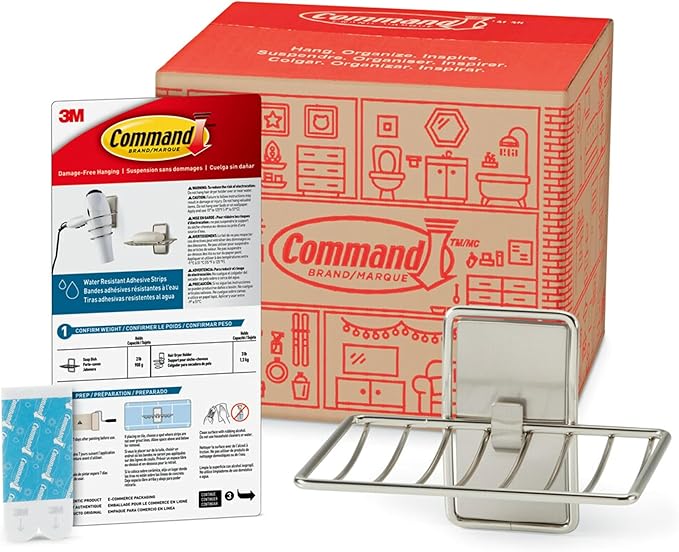 Command Soap Dish for Shower, Damage Free Hanging Bathroom, No Tools Bar Soap Holder, 1 Satin Nickel Soap Dish and 2 Water-Resistant Command Strips