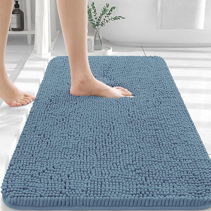 OLANLY Bathroom Rugs 36x24, Extra Soft Absorbent Chenille Bath Rugs, Rubber Backing Quick Dry, Machine Washable Bath Mats for Bathroom Floor, Tub and Shower, Home Decor Accessories, Airy Blue