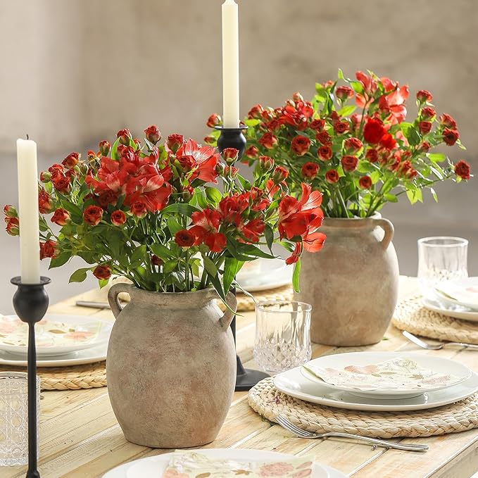 Ceramic Flower Vase 7.6 inch Farmhouse Rustic Vase Decorative Pottery Terracotta Vases for Home Decor Table Mantle Fireplace Living Room Bathroom Wedding Centerpiece (Whitewashed)