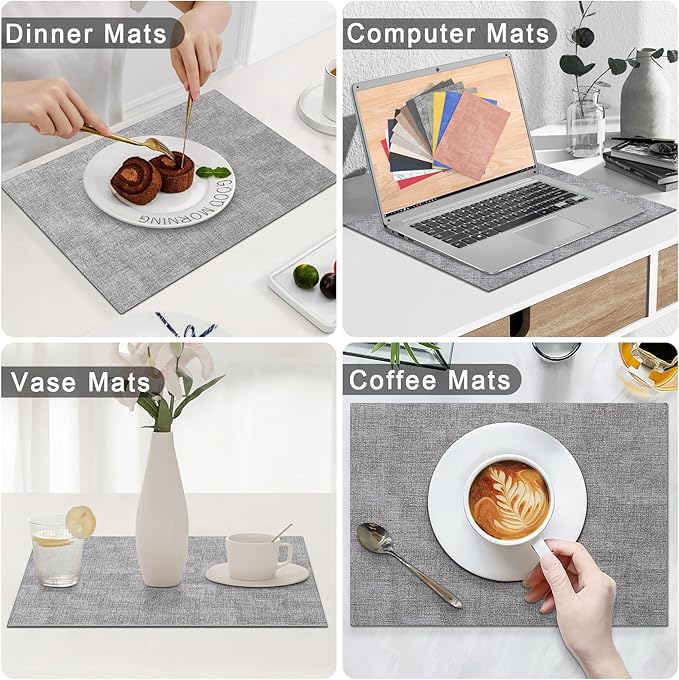 Homaxy Faux Leather Heat Resistant Placemats for Dining Table Set of 4, Waterproof Wipeable Washable PU Table Mats, Easy to Clean Anti-Slip Place Mats, 11.8" x 17", Light Grey
