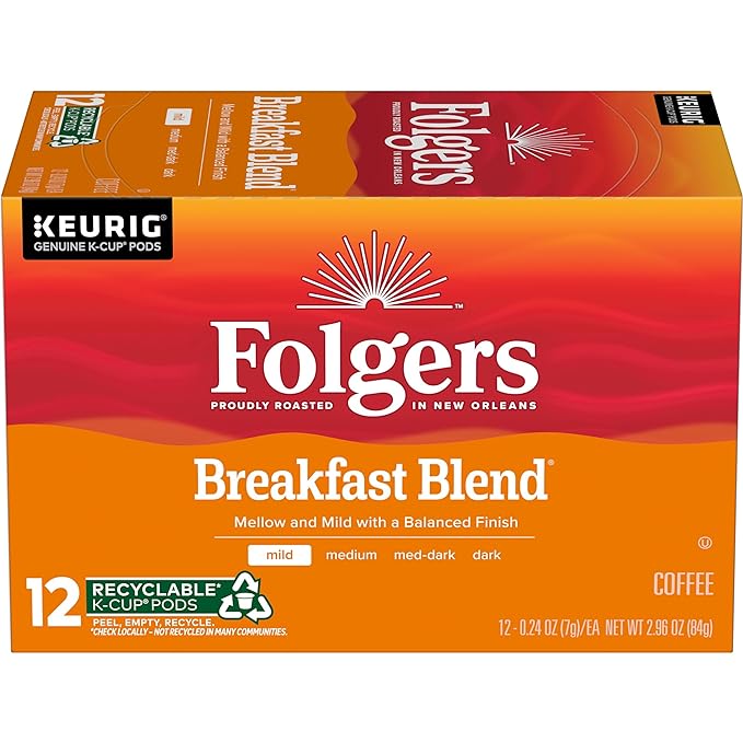 Folgers Breakfast Blend Mild Roast Coffee, 12 Keurig K-Cup Pods