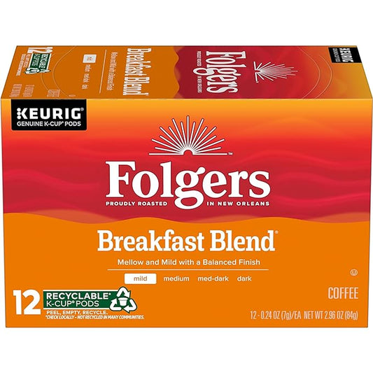 Folgers Breakfast Blend Mild Roast Coffee, 12 Keurig K-Cup Pods