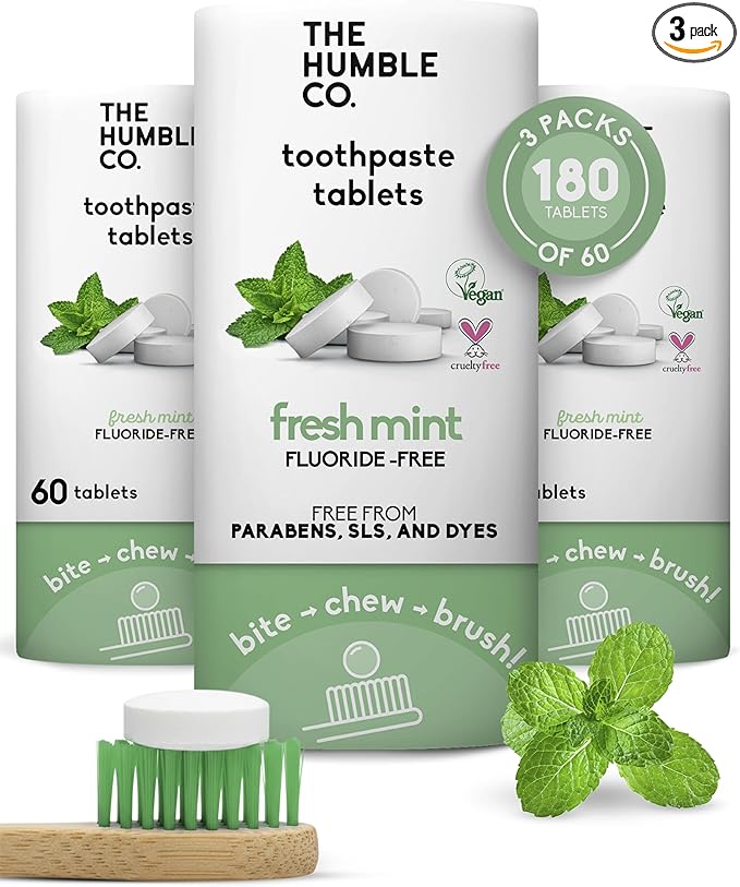 The Humble Co Fluoride-Free Chewable Toothpaste Tablets, Mint - Bite, Chew, Brush - Zero Water & Plastic Free Toothpaste Tabs - Travel-Friendly & Waste-Free Dental Oral Care Hygiene - 180 Count
