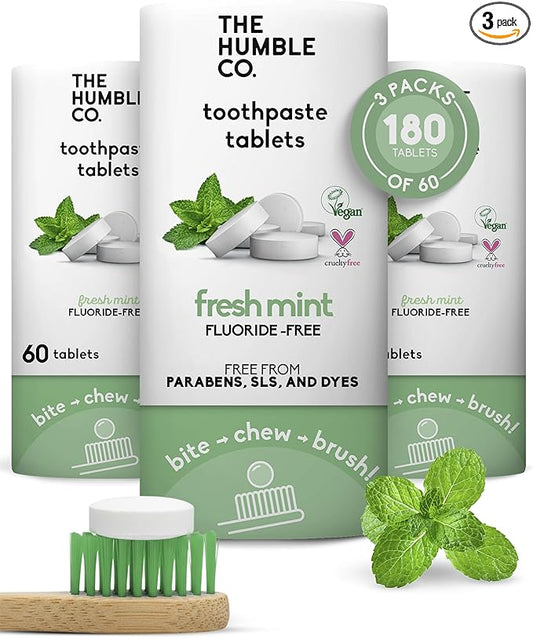 The Humble Co Fluoride-Free Chewable Toothpaste Tablets, Mint - Bite, Chew, Brush - Zero Water & Plastic Free Toothpaste Tabs - Travel-Friendly & Waste-Free Dental Oral Care Hygiene - 180 Count