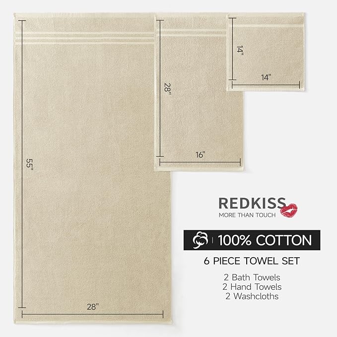 REDKISS 6 Piece Luxury Bath Towel Set - 100% Cotton Towels for Bathroom, 600 GSM Premium Beige Towels of 6, Includes 2 Large Bath Sheets, 2 Hand Towel, 2 Washcloths, Highly Absorbent