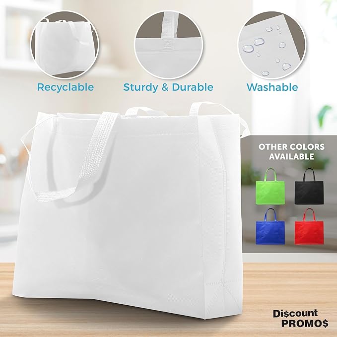 DISCOUNT PROMOS Jumbo Sized Tote Bags Set of 10, Bulk Pack - Reusable Grocery Bags, Shopping Bags, Promotional Item Totes for Women - White