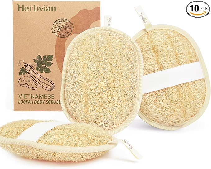 Vietnamese Natural Loofah Exfoliating Body Scrubber Pads, 100% Plant-Based Shower Luffa Sponge, Bath Loofah for Women Men (Pack of 3)