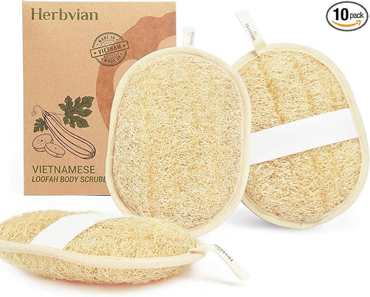 Vietnamese Natural Loofah Exfoliating Body Scrubber Pads, 100% Plant-Based Shower Luffa Sponge, Bath Loofah for Women Men (Pack of 3)