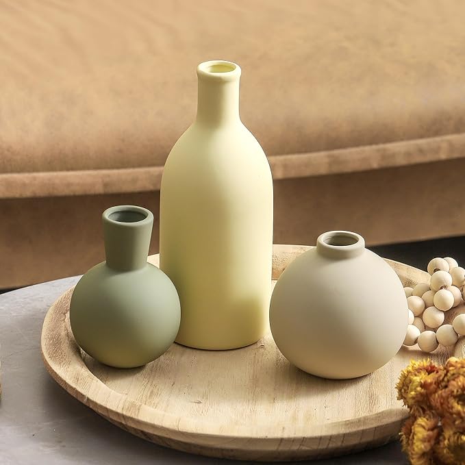 Vases Set of 3, Ceramic Vases Home Decor Rustic Vase Set Table Decor Vase Pottery Vases for Bouquet Pampas Grass Dried Fresh Flowers, Living Room Kitchen Bedroom Bathroom Entryway -Light Color