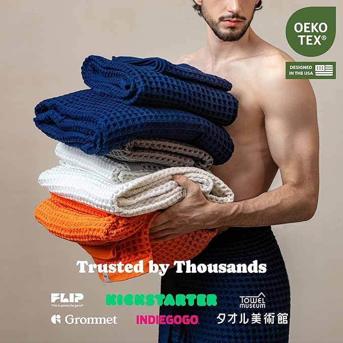 Luxury Japanese Cotton Waffle Bath Towel | Plush, Absorbent, and Quick Dry | Free Storage Bag Included (Coral Orange, Complete Set (4-Piece))