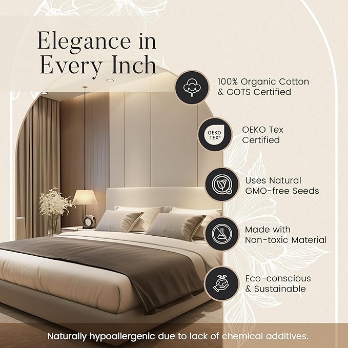 Queen Sheet Set - 300TC Organic Cotton Bedding Sheets & Pillowcases - Soft, Durable and Luxurious 4PC Sateen Weave Ivory Bed Sheets for Queen Size Bed, No Pill & Shrink Thick Machine Washable