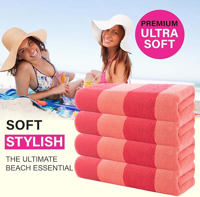 CASA COPENHAGEN Malibu Beach Towels Designed in Denmark Rough and Tough, Quick Dry, for Pool, Bath & Shower 30x60 inches 4 Pieces Cotton Beach Bath Towels Set - Pink