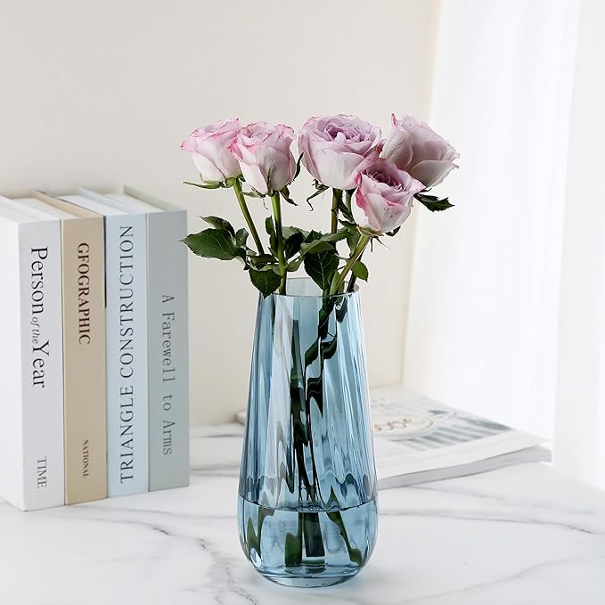Modern Large Glass Vase H-9.8" Blue Vases for Flowers, Centerpieces and Decorative Accents - Tall Plant Vase for Office Home Table Decor
