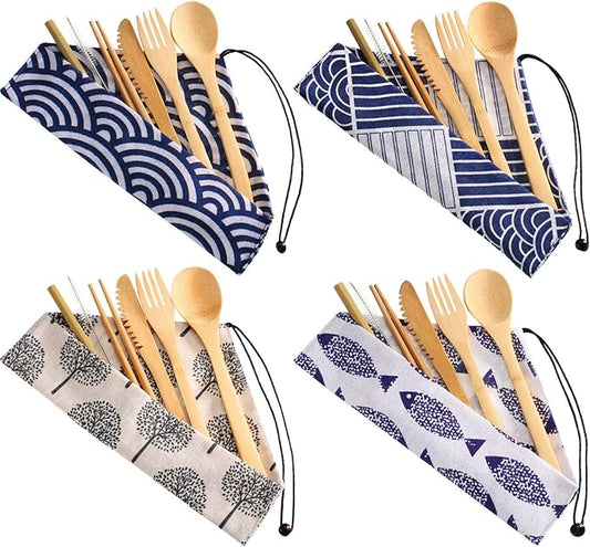 Boao 4 Sets Bamboo Utensils Wooden Utensils Set Japanese Style Reusable Cutlery Travel Chopsticks Fork Spoon Straw Portable Utensil Case for Travel Hiking Picnic Camping Cooking Kitchen(Chic Style)