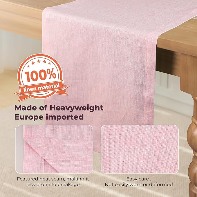 Small Coffee Farmhouse Table Runner for Fall, Thanksgiving, Christmas, and Winter - Athena - 100% Pure Linen - 14 x 48 Inches - Bubblegum Pink