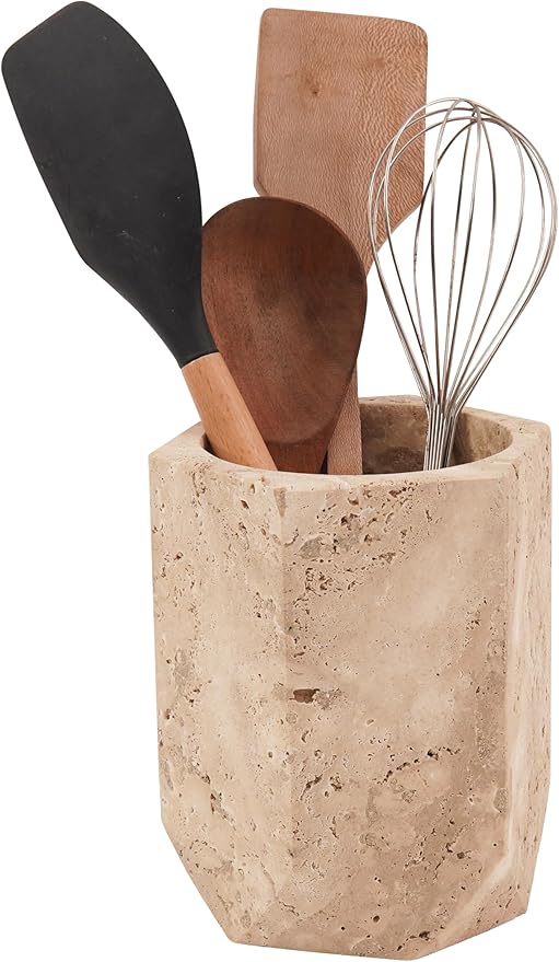 Marble Utensil Holder 6.5 Inch Travertine Cooking Utensil Crock for Countertop Storage, Modern Stone Utensils Caddy, Spoon & Spatula Organizer for Farmhouse Kitchen Decor
