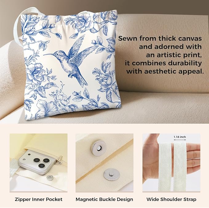 Cute Aesthetic Canvas Tote Bag for Women, Reusable Foldable Shopping Cotton Shoulder Totebag with Zipper Pocket