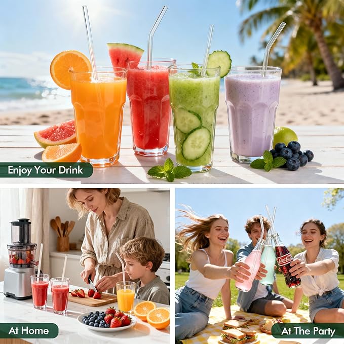 12 Pcs Reusable Glass Straws - Size 10.5"x8mm,8.5"x8mm,Including 6 Straight and 6 Bent Clear Glass Straws with 2 Cleaning Brush for for Smoothies, Coffee, Juice, Sodas, Cocktails