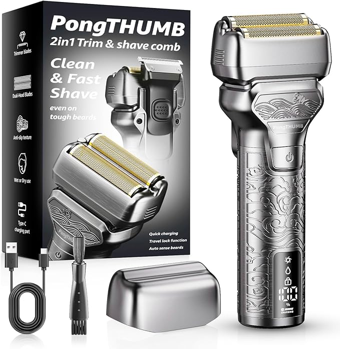 Electric Razor for Men: Rechargeable Foil Shaver with Push-Up Trimmer for Face - Cordless Wet/Dry/Anti-Slip Waterproof Shavers with LED Display - Metal Handheld Design, Light Gray Upgraded