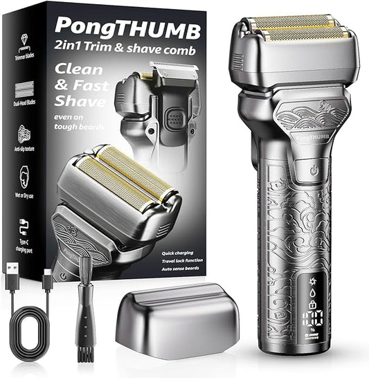 Electric Razor for Men: Rechargeable Foil Shaver with Push-Up Trimmer for Face - Cordless Wet/Dry/Anti-Slip Waterproof Shavers with LED Display - Metal Handheld Design, Light Gray Upgraded