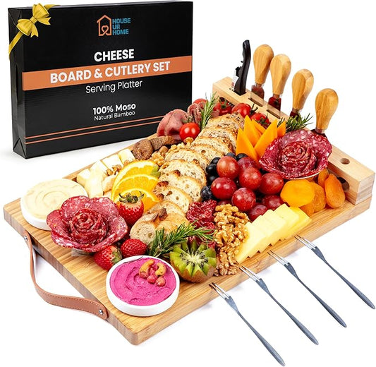 Bamboo Charcuterie Board Gift Set with Leather Handles, Knives, Wine Opener & Bowls – Elegant for Hosts, Couples & New Homeowners