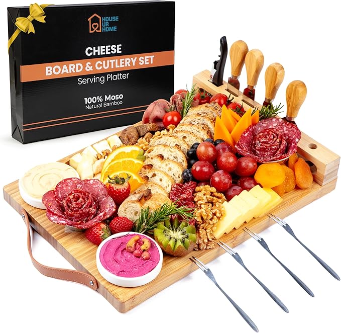 Bamboo Charcuterie Board Gift Set with Leather Handles, Knives, Wine Opener & Bowls – Elegant for Hosts, Couples & New Homeowners